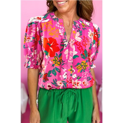 Rose Floral Printed Split V Neck Puff Sleeve Blouse