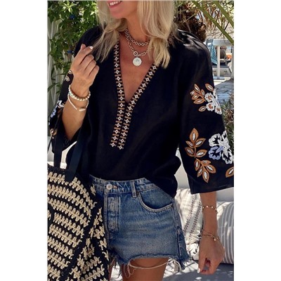 Black Bohemian Floral Embroidered V Neck Blouse