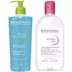 Биодерма Набор для очищения жирной кожи: гель, 500 мл + мицеллярная вода, 500 мл (Bioderma, Sebium)
