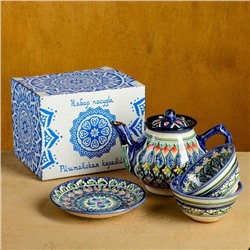 Набор чайный Риштан, 4 предмета в подар упак: чайник 0,7л, 2 пиалы 9,5см, тарелка 17см
