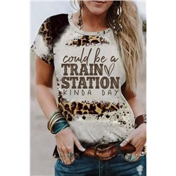 Brown TRAIN STATION Graphic Leopard Print T Shirt