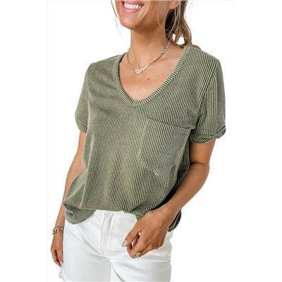 Laurel Green Twist Short Sleeve Corded V Neck Top