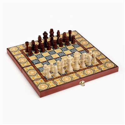 Настольная игра 3 в 1 "Мозаика": шахматы, нарды, шашки, доска деревянные большие 40 х 40 см