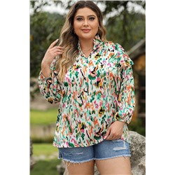 Multicolor Abstract Print Ruffled V Neck Plus Size Blouse