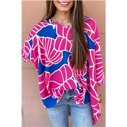 Rose Red Floral Print 3/4 Sleeve V Neck Baggy Blouse