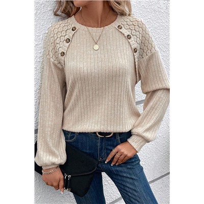 Parchment Contrast Lace Raglan Sleeve Buttoned Ribbed Top