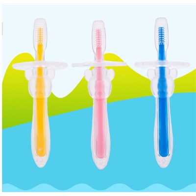 Детская силиконовая зубная щетка для первых зубов с ограничителем (1 шт.) розовая