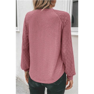 Rose Pink Contrast Lace Raglan Sleeve Plicate Round Neck Top