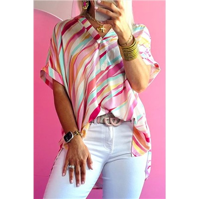 Multicolour Abstract Print High Low Short Sleeve Blouse