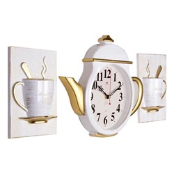 Комплект, часы настенные чайник 29х34см+2 чашки, корпус белый с золотом "Классика" 3530+2-004 (10)