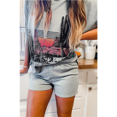 Gray Western Pattern Print Waffle Knit Two Piece Shorts Set