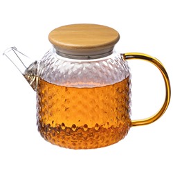 Чайник заварочный AROMA, объем 1 л, из боросиликатного стекла с рельефом, с крышкой из бамбука