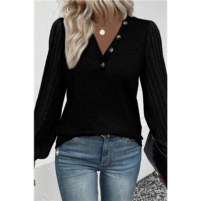 Black Buttoned V Neck Ribbed Puff Sleeve Top