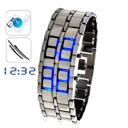 Led Watch - часы "Самурай" Iron Samurai бинарные наручные серебристые с синими диодами