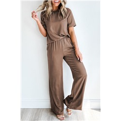 Smoke Gray Solid Color T Shirt 2pcs Wide Leg Pants Set