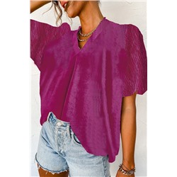 Bright Pink Pleated Bubble Short Sleeve V Neck Velvet Top