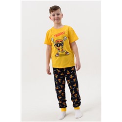 Пижама Пицца детская короткий рукав с брюками желтый-т.синий/134