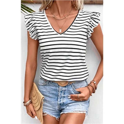 White Stripe Butterfly Sleeve V Neck Hollowed Knot Back T Shirt