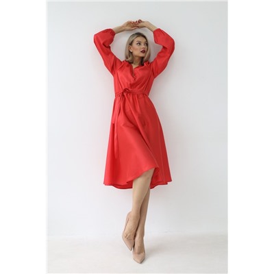 Шелковое платье миди с юбкой-полусолнце Красный