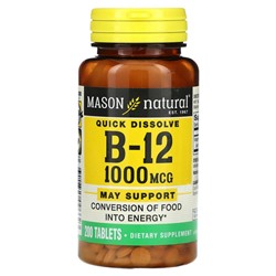 Mason Natural, Витамин B12, быстрорастворимый, 1000 мкг, 200 таблеток