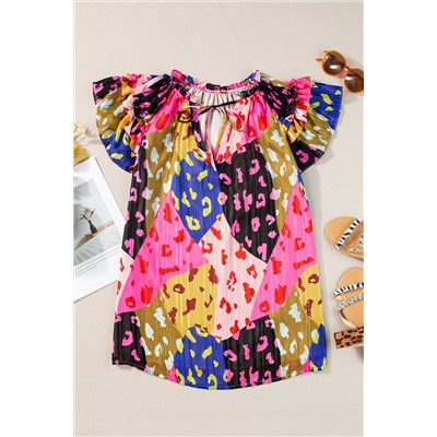 Rose Leopard Flutter Sleeve V Neck Crinkled Blouse