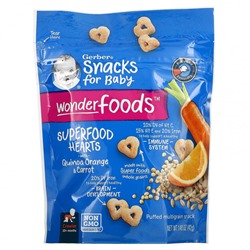 Gerber, Wonderfoods, Snacks for Baby, воздушные закуски из нескольких злаков, SuperFood Hearts, детские закуски, киноа, апельсин, морковь, от 10 месяцев, 42 г (1,48 унции)