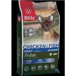 Blitz Holistic Adult Cat Chicken & Fish низкозерновой корм для взрослых кошек всех пород, курица и рыба