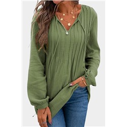 Green Casual Pleated V Neck Textured Loose Top