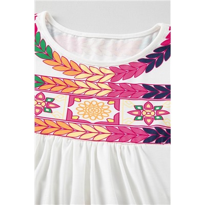 White Boho Abstract Print Ruffle Sleeve Flowy Top