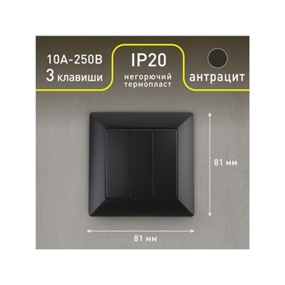 Выключатель Intro Solo 4-106-05 трехклавишный 10А-250В, IP20, СУ, антрацит