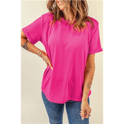 Rose Red Casual Plain Crew Neck Tee