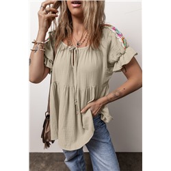 Smoke Gray Crinkle Embroidered Patched Bubble Sleeve Tied Neck Blouse