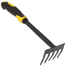 "Иволга" Грабли прямые 5 зубые, 30х8,5х7см, сталь А3, окрашенная, цвет - черный матовый, эргономичная прорезиненная ручка с отверстием для подвешивания, цвет - черно-желтый (Китай)