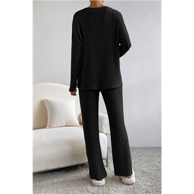 Black Ribbed Knit V Neck Slouchy Two-piece Outfit