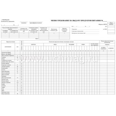 Меню-требование на выдачу продуктов питания № (упаковка 100 шт.) КЖ-411 Торговый дом "Учитель-Канц"