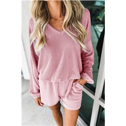 Pink Corded V Neck Slouchy Top Pocketed Shorts Set