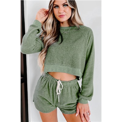 Green Fleece Two-piece Cropped Pullover and Shorts Set