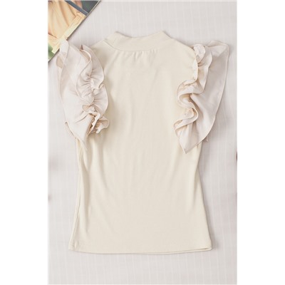 Beige Ruffle Flutter Sleeve High Neck Ribbed Blouse