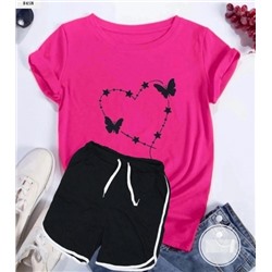 Костюм с шортами футболка бабочки в сердце ярко-розовая SN