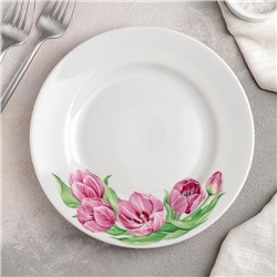 Тарелка «Розовые тюльпаны», d=20 см, белая, фарфор