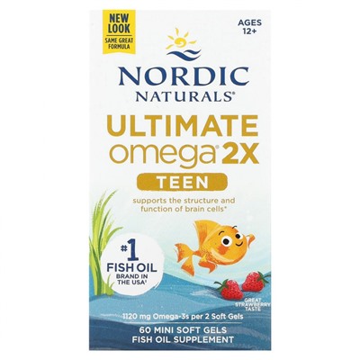 Nordic Naturals, Ultimate Omega 2X Teen, для подростков от 12 до 18 лет, со вкусом клубники, 60 мини-капсул