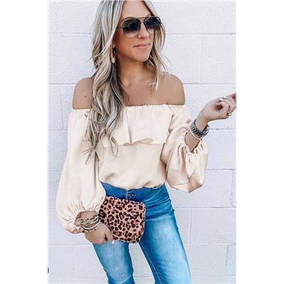 Oatmeal Ruffle Overlay Puff Sleeve Blouse