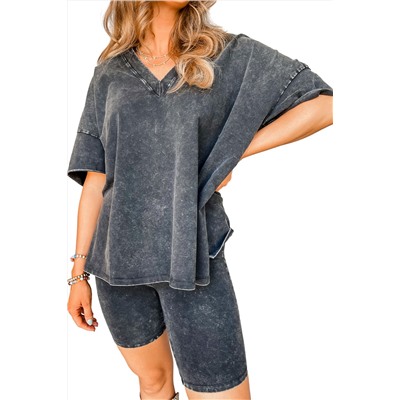 Black Mineral Washed Oversized T Shirt and Shorts Set