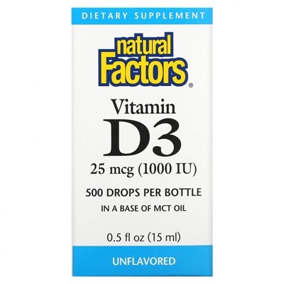 Natural Factors, Витамин D3 в каплях, без ароматизаторов, 25 мкг (1000 МЕ), 15 мл (0,5 жидкой унции)