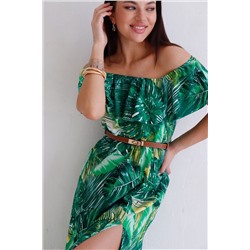 12329 Платье-кармен с тропическим принтом зелёное (остаток: 42)