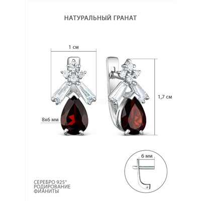 Серьги из серебра с натуральным гранатом и фианитами родированные 925 пробы 02070103