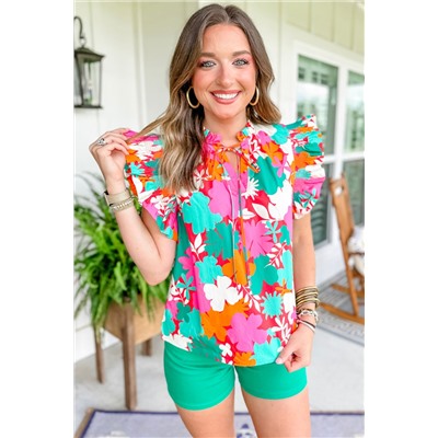 Green Floral Tie Split Neck Ruffle Trim Blouse