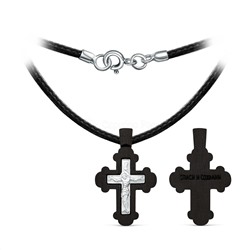Колье с крестом из дерева граб на текстильном вощёном шнурке с элементом из родированного серебра - Распятие, 2,2 см ГК-013