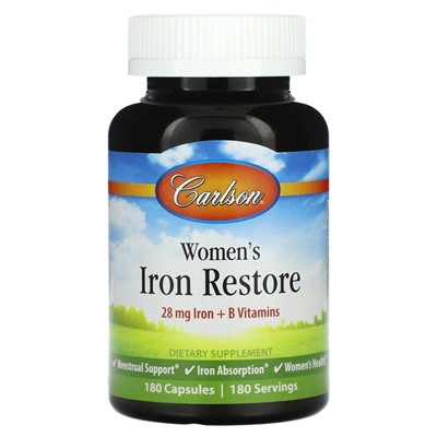 Carlson, Women's Iron Restore, 28 mg Iron + B Vitamins, 180 Capsules