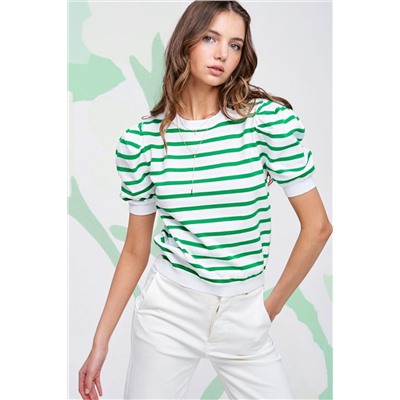 Green Stripe Puff Sleeve Elegant T-shirt